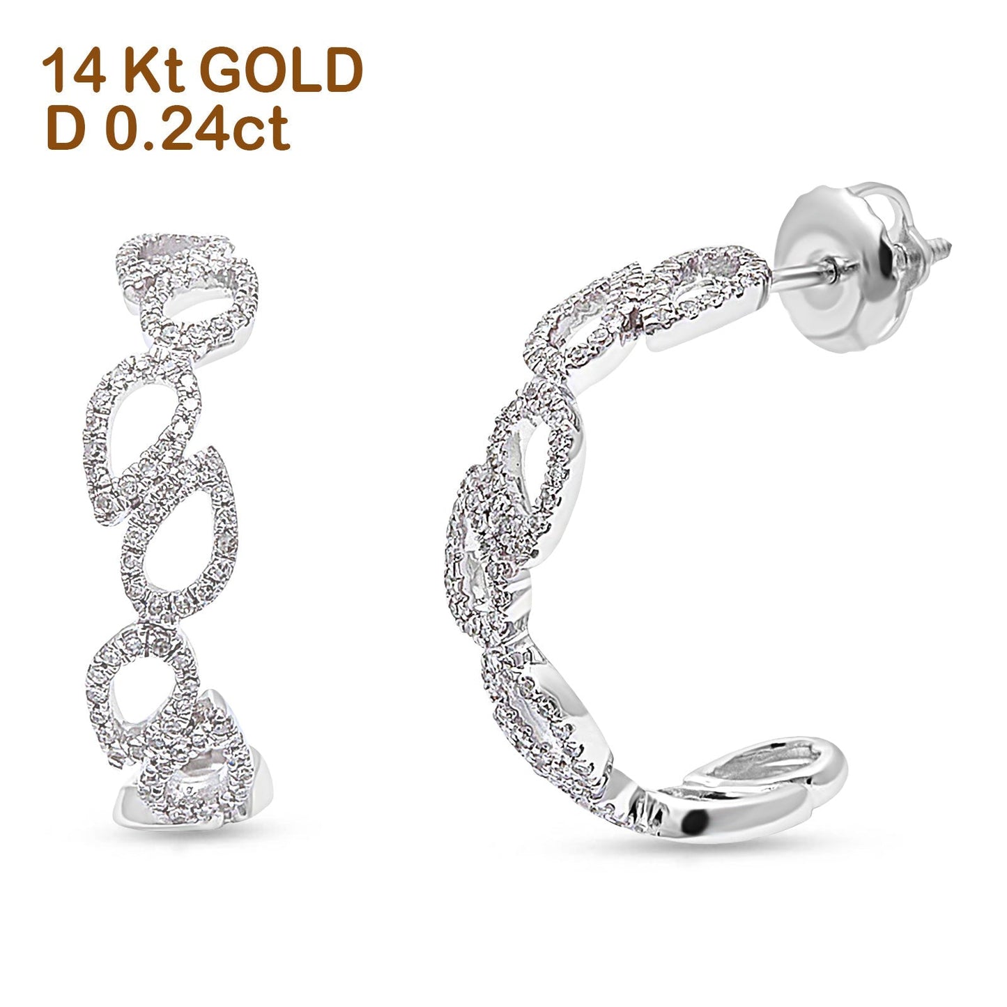 Solid 14K White Gold 25mm Half Hoop Huggie Stud Style Teardrop Pear Round Diamond Earrings Wholesale