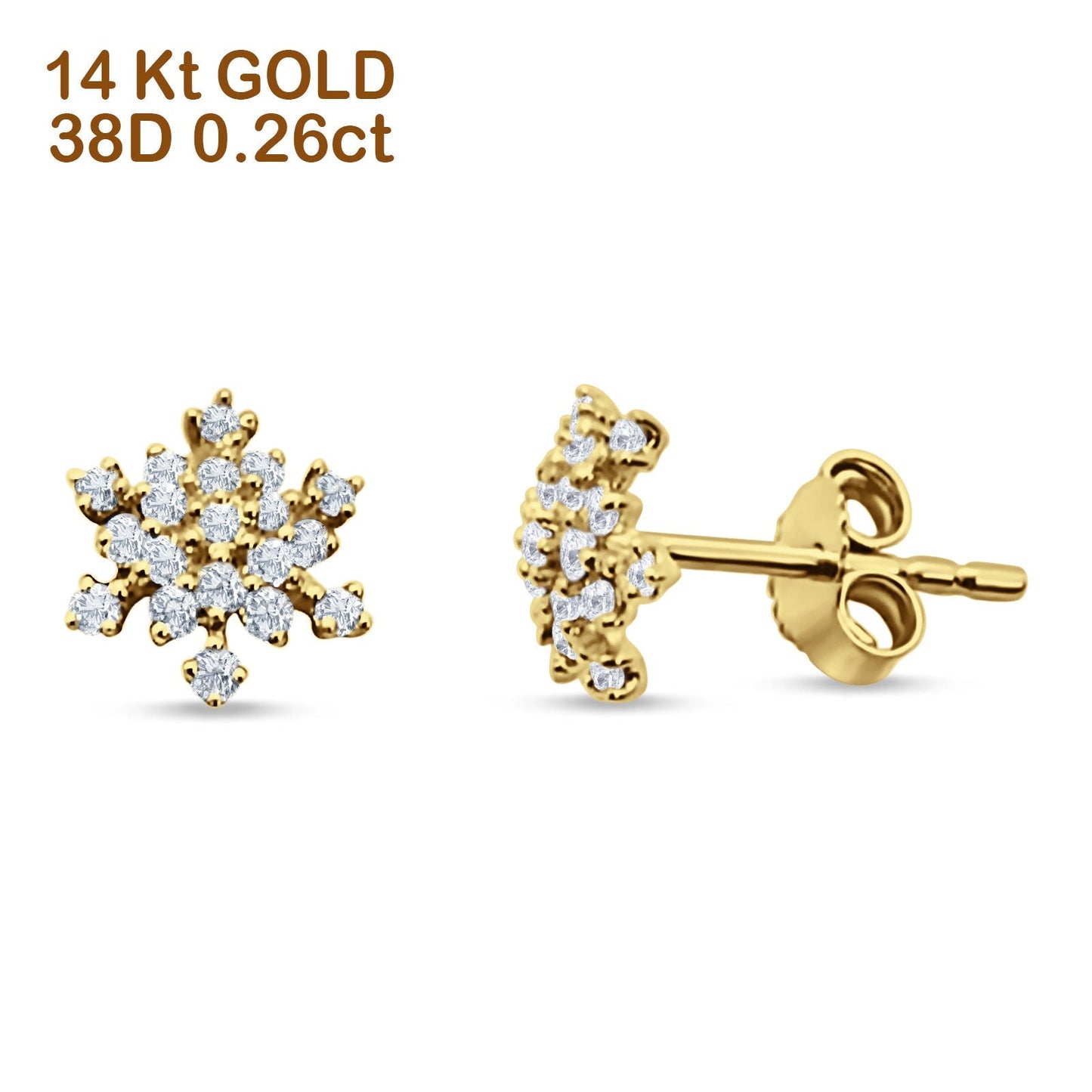 Solid 14K Yellow Gold 8mm Snowflake Diamond Stud Earrings Wholesale