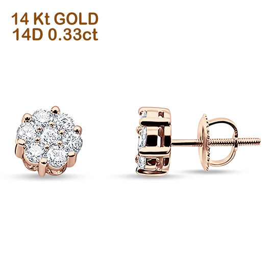 Solid 14K Rose Gold 5.75mm Round Flower Cluster Diamond Stud Earrings Screw Back Wholesale