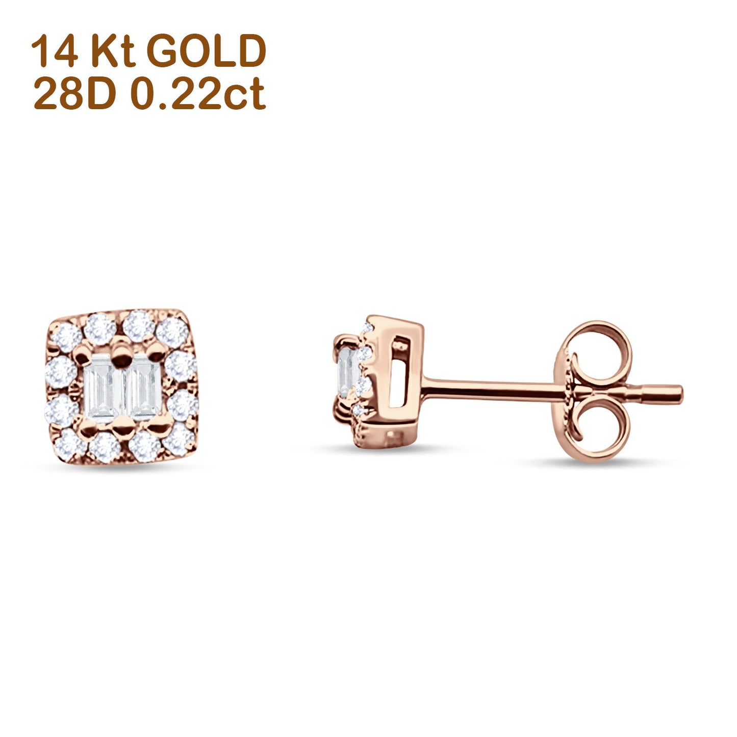 Solid 14K Rose Gold 5mm Modern Square Round Baguette Diamond Stud Earrings Push Back Wholesale