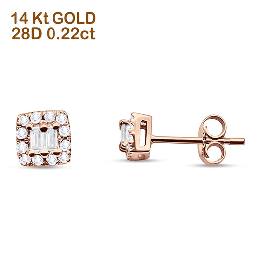 Solid 14K Rose Gold 5mm Modern Square Round Baguette Diamond Stud Earrings Push Back Wholesale