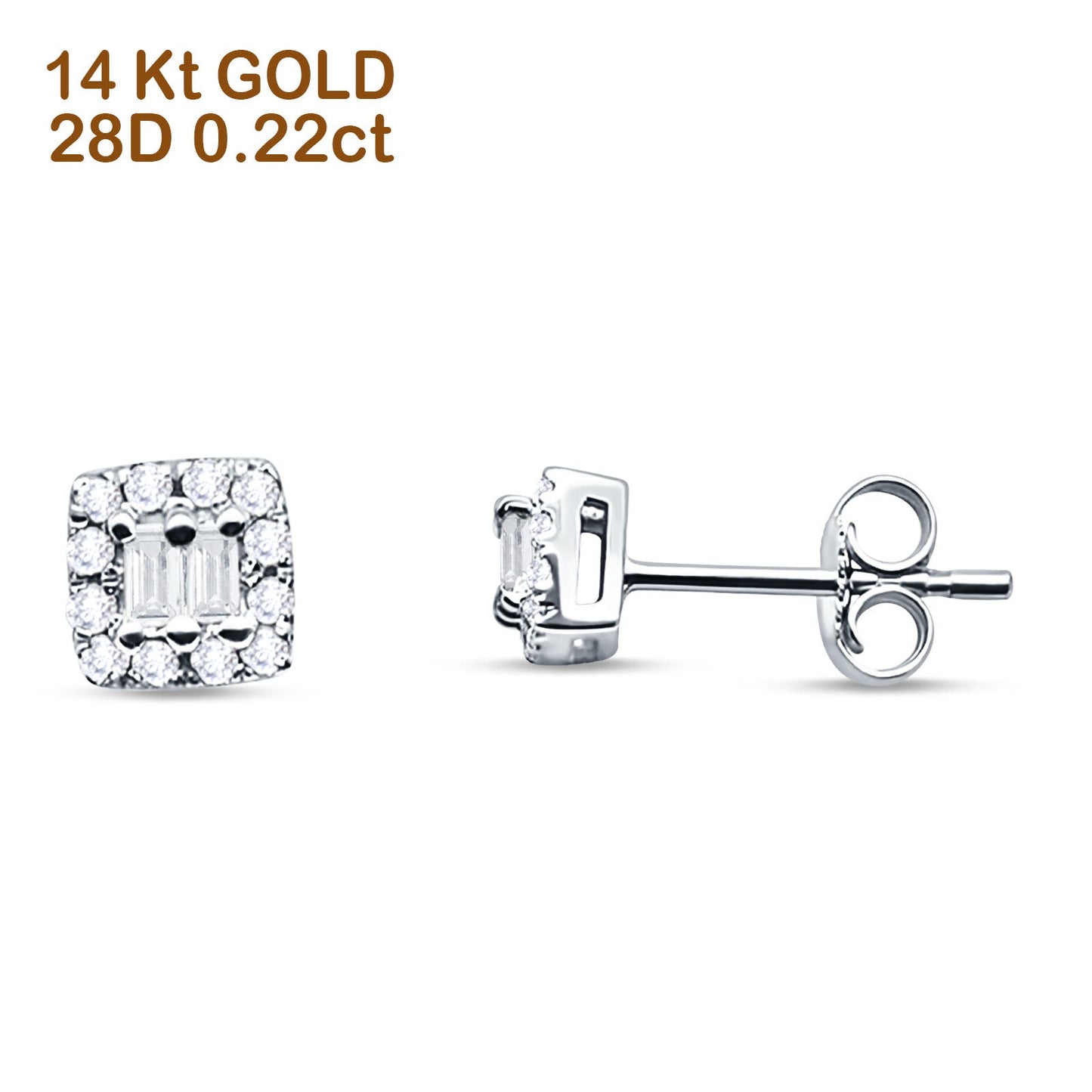 Solid 14K White Gold 5mm Modern Square Round Baguette Diamond Stud Earrings Push Back Wholesale