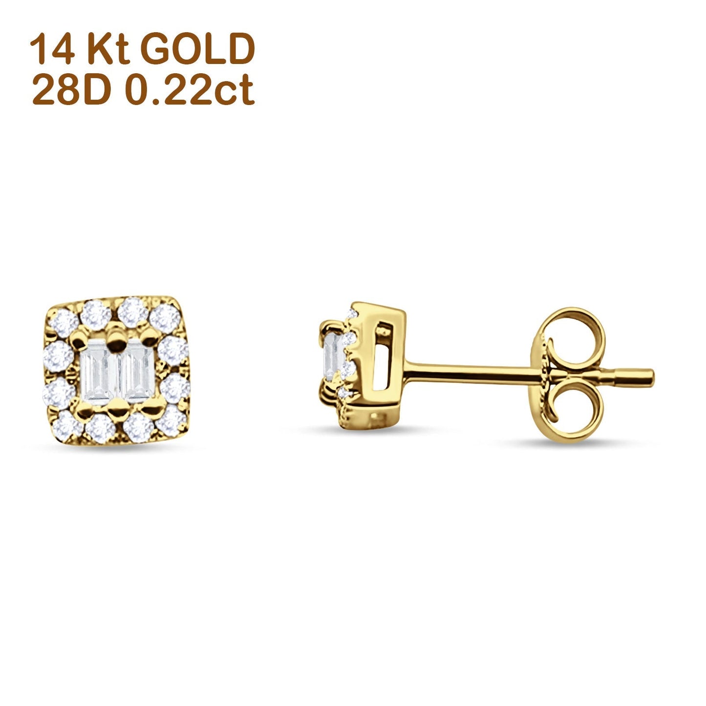 Solid 14K Yellow Gold 5mm Modern Square Round Baguette Diamond Stud Earrings Push Back Wholesale