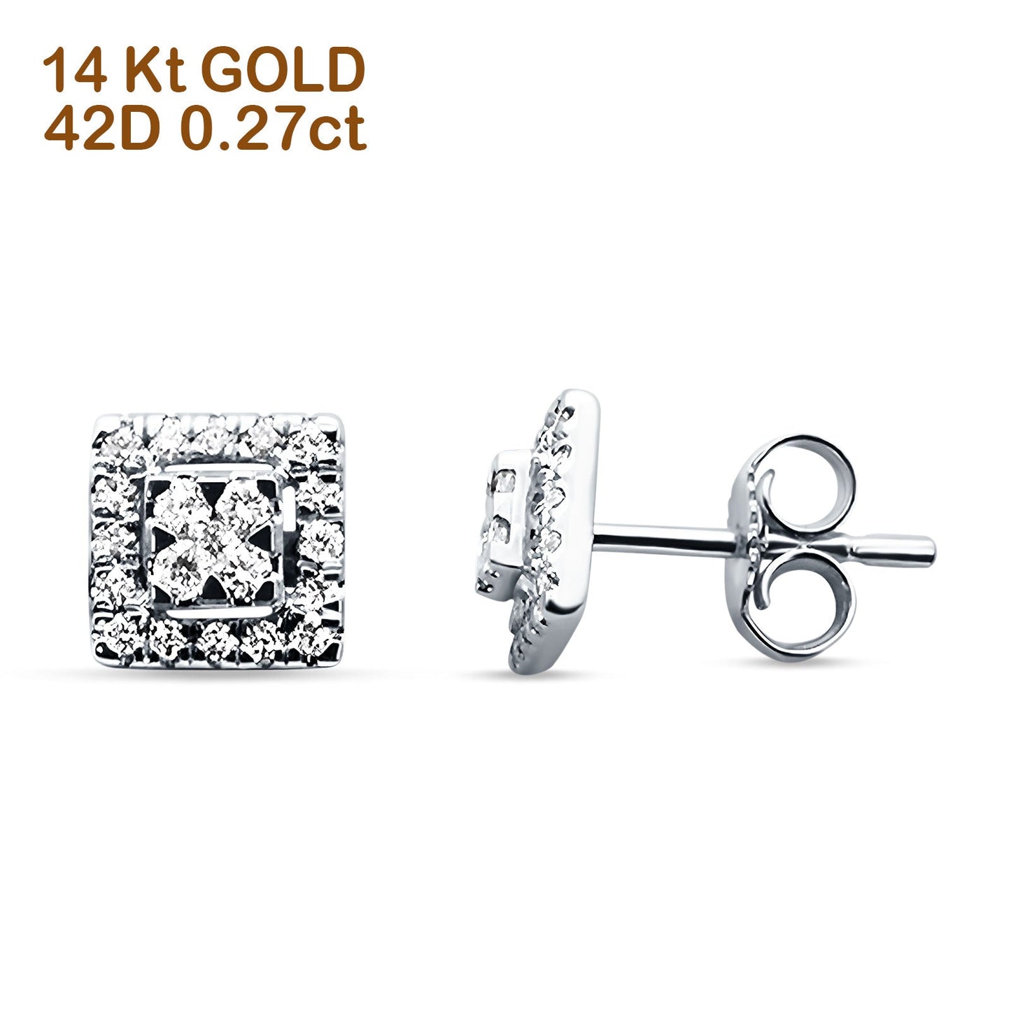 Diamond Stud Earrings Square Shaped Cluster 14K White Gold 0.27ct Wholesale