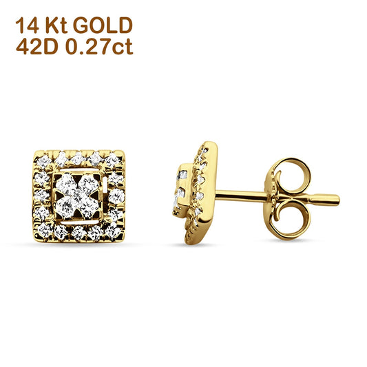 Diamond Stud Earrings Square Shaped Cluster 14K Yellow Gold 0.27ct Wholesale