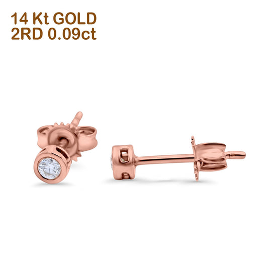 14K Rose Gold 0.09ct Round Diamond Bezel Solitaire Stud Earrings