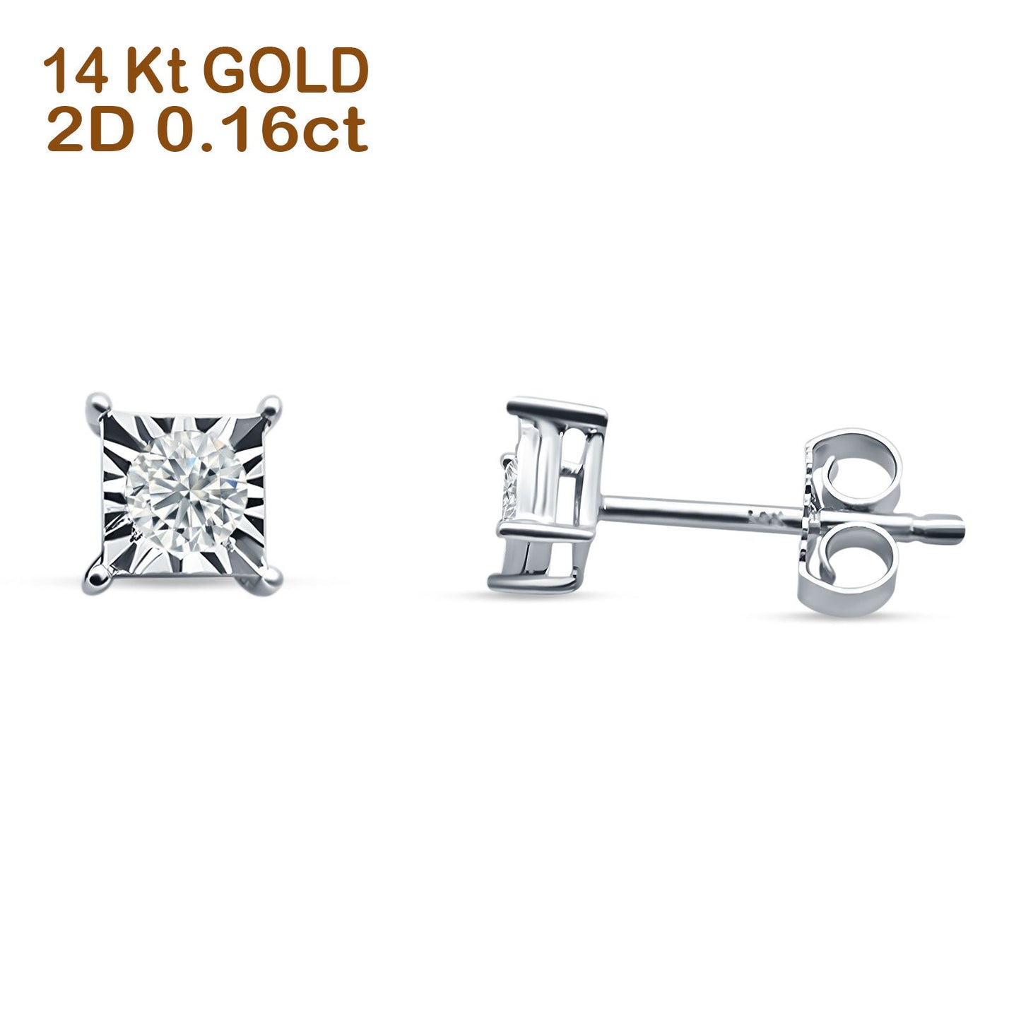 Diamond Square Shaped Stud Earring Solitaire 14K White Gold 0.16ct Wholesale