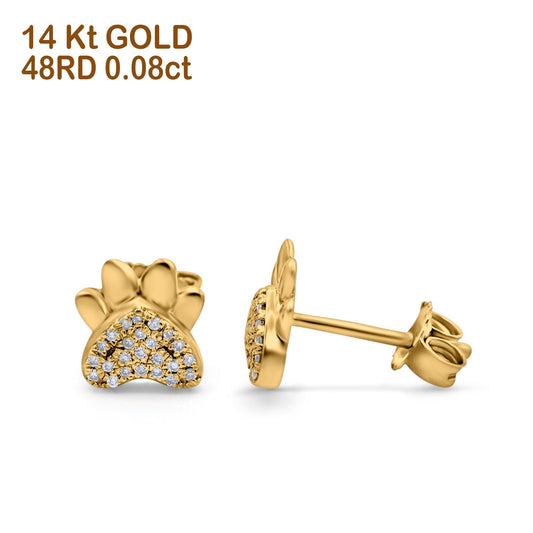 14K Yellow Gold .08ct Cute Paw Print Diamond Stud Earring