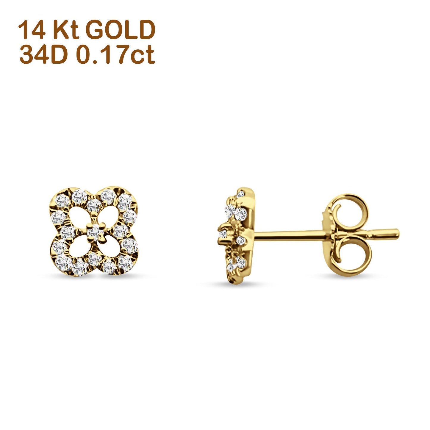 Diamond Clover Stud Earrings 14K Yellow Gold 0.17ct Wholesale