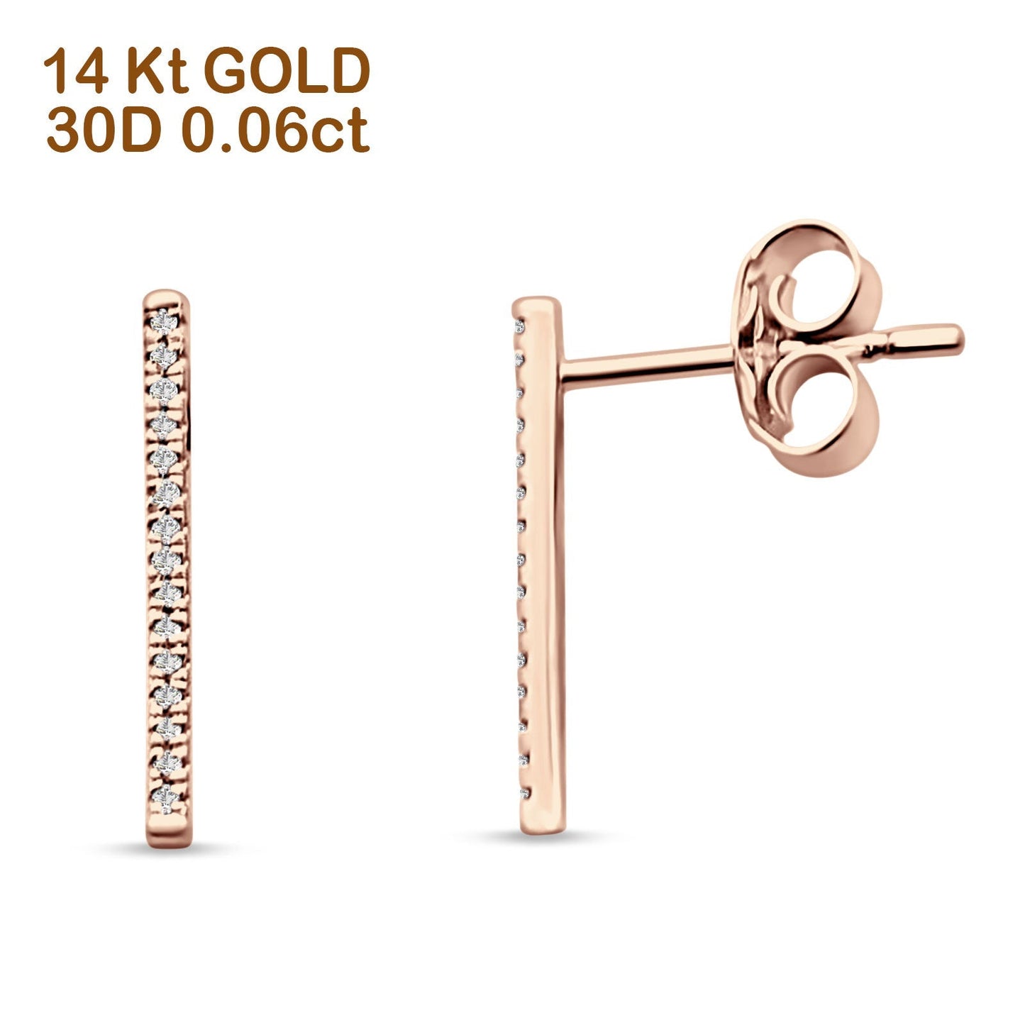 Diamond Stud Earrings Line Modern Bar 14K Rose Gold 0.06ct Wholesale