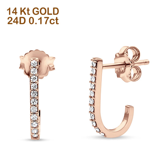 Solid 14K Rose Gold 12.7mm J Shaped Classic Hoop Push Back Stud Earring Round Diamond Wholesale