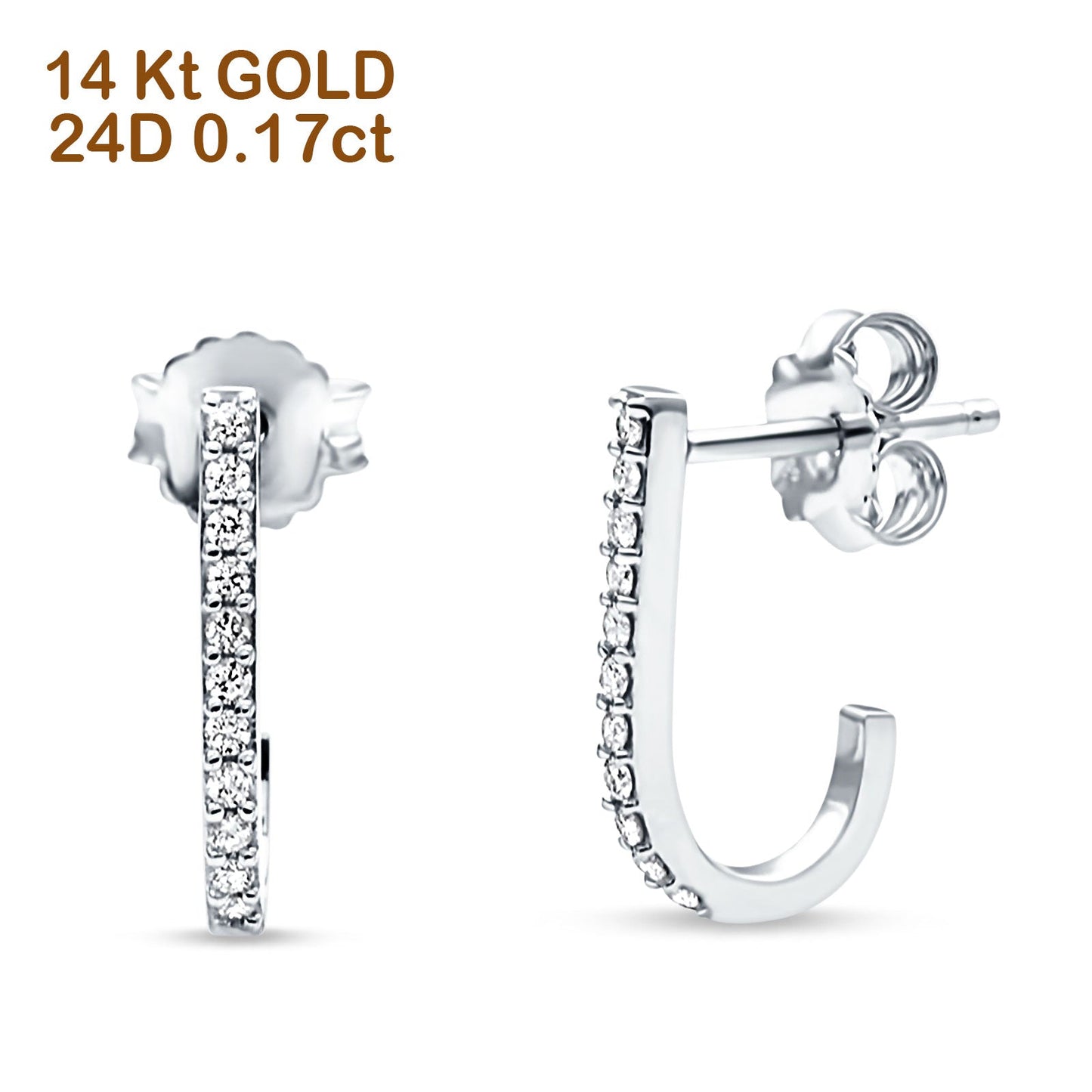 Solid 14K White Gold 12.7mm J Shaped Classic Hoop Push Back Stud Earring Round Diamond Wholesale