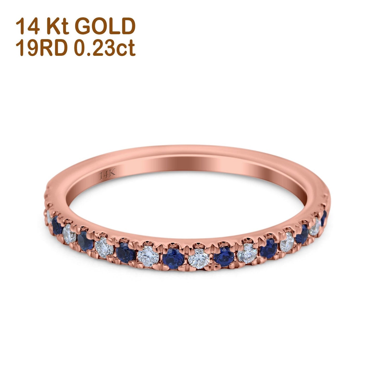 14K Rose Gold 0.23ct Round 3mm Pave Natural Blue Sapphire G SI Half Eternity Diamond Bands Engagement Wedding Ring Size 6.5