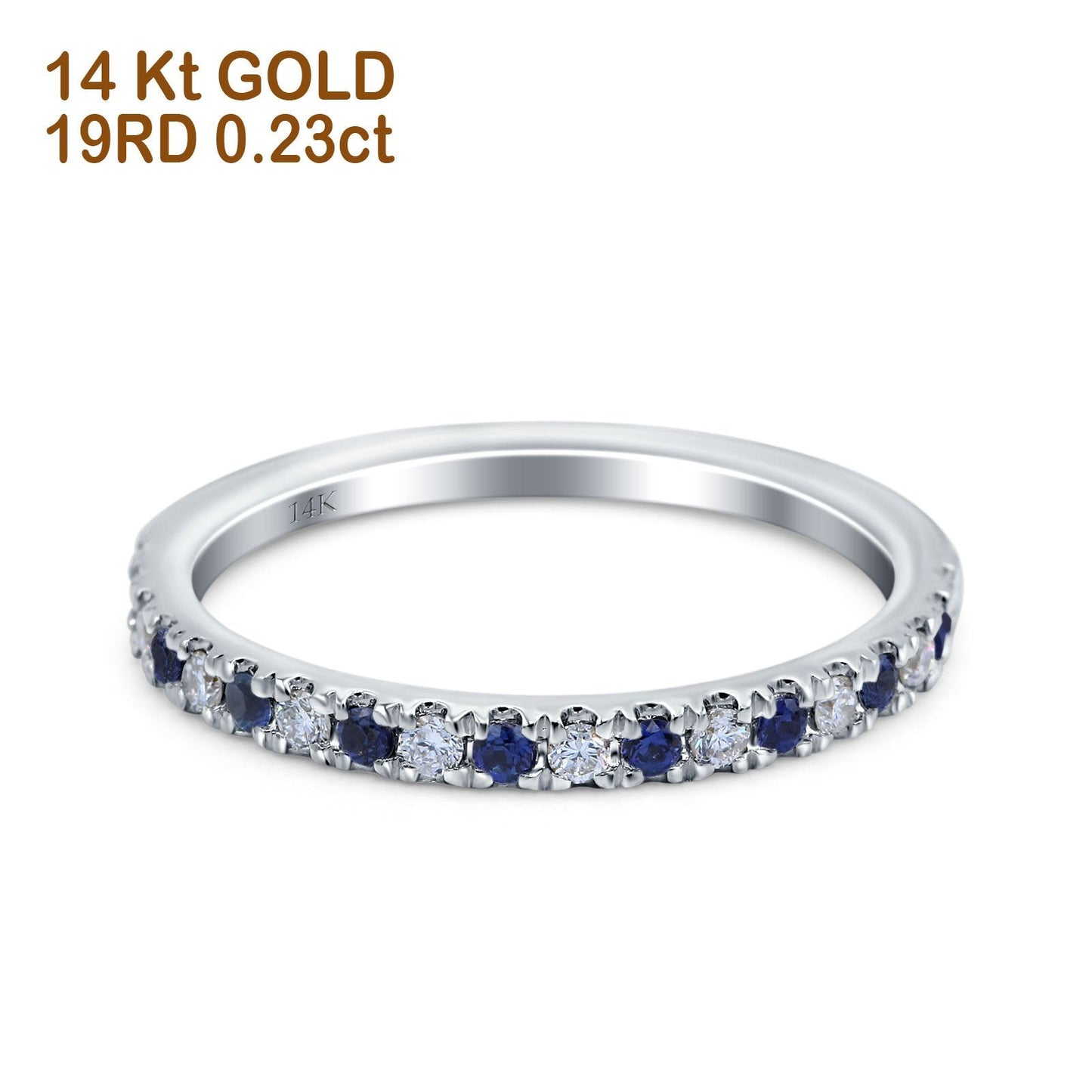 14K White Gold 0.23ct Round 3mm Pave Natural Blue Sapphire G SI Half Eternity Diamond Bands Engagement Wedding Ring Size 6.5