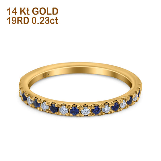 14K Yellow Gold 0.23ct Round 3mm Pave Natural Blue Sapphire G SI Half Eternity Diamond Bands Engagement Wedding Ring Size 6.5