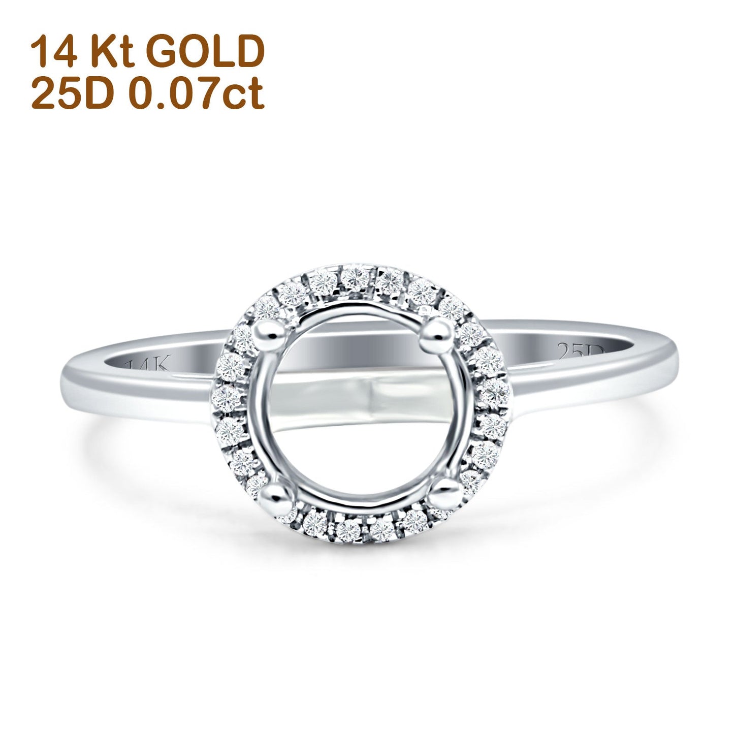 14K White Gold 0.07ct Halo Round 10mm G SI Semi Mount Diamond Engagement Wedding Ring - Wholesale