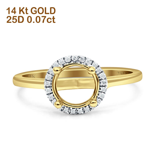 14K Yellow Gold 0.07ct Halo Round 10mm G SI Semi Mount Diamond Engagement Wedding Ring - Wholesale