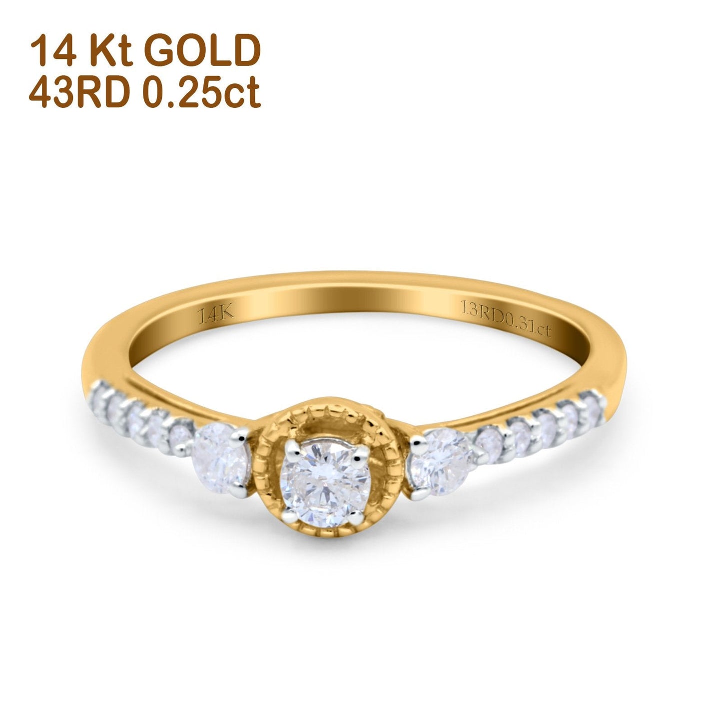 14K Yellow Gold 0.31ct Three Stone Vintage Round 5mm G SI Diamond Engagement Band Wedding Ring Size 6.5