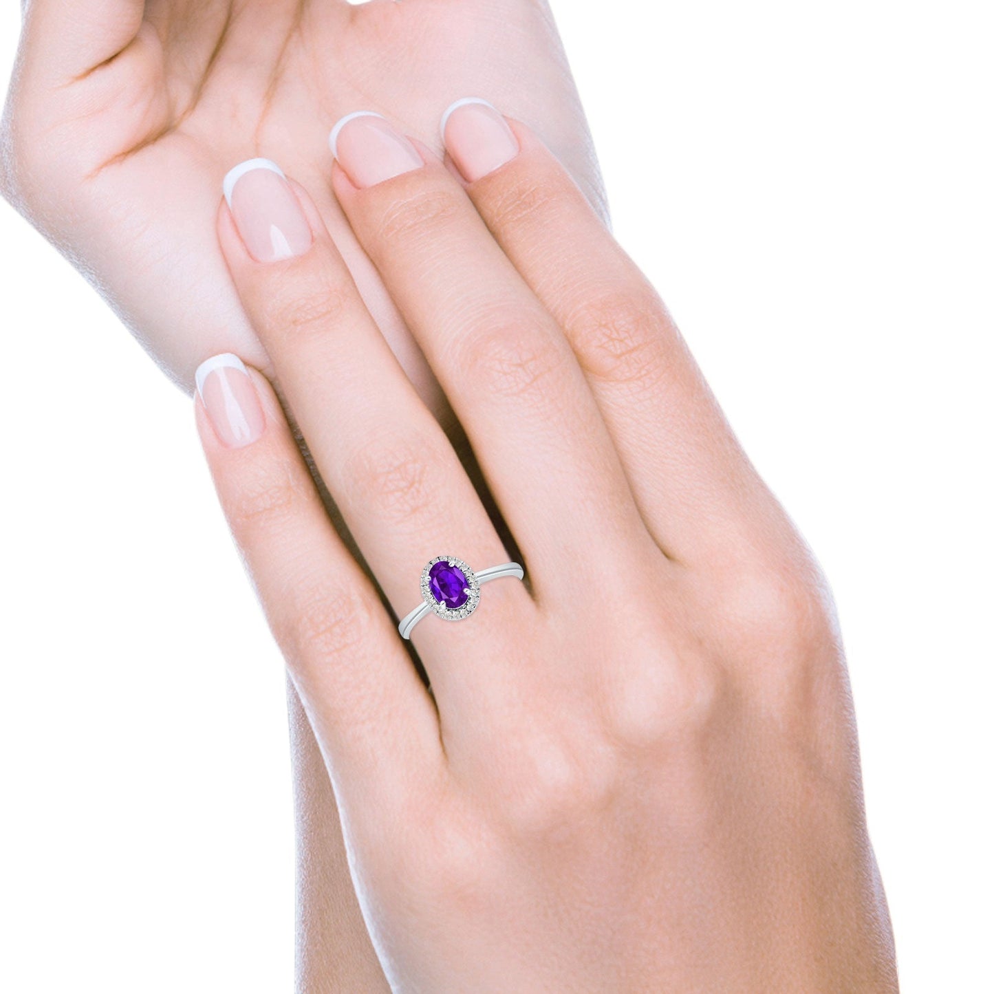 Oval Natural Purple Amethyst Halo Natural Diamond Solitaire Ring 14K White Gold Wholesale