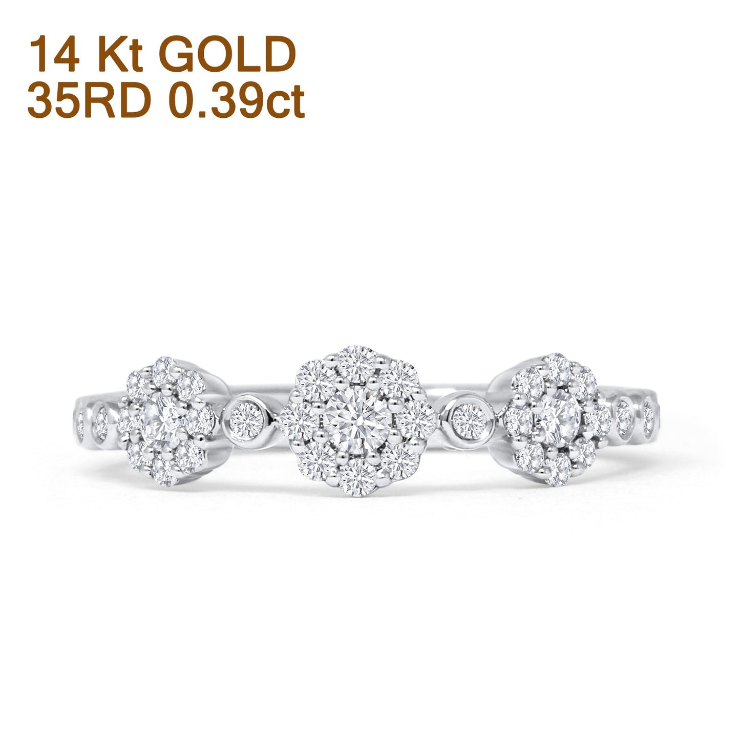 Three Flower 0.39ct Diamond Halo Ring Eternity Stackable 14K White Gold Wholesale