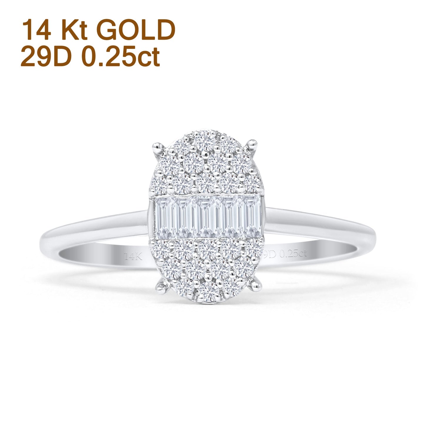 Oval Shaped Cluster 0.25ct Baguette & Round Diamond Ring 14K White Gold Wholesale