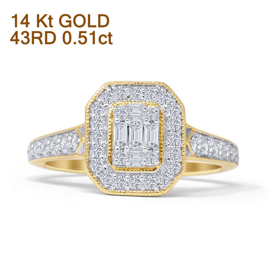 Halo Octagonal 0.51ct Natural Diamond Baguette Engagement Ring 14K Yellow Gold Wholesale