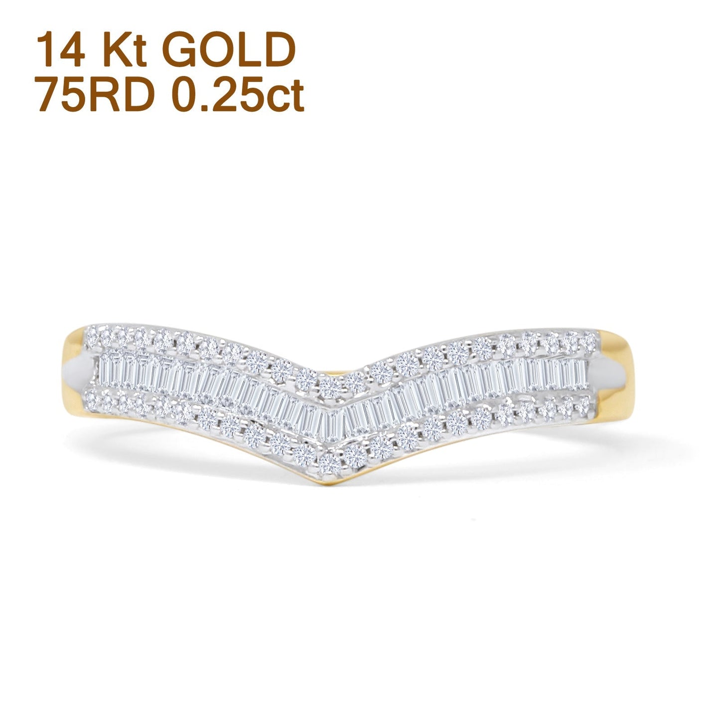 Contour Chevron Ring 0.25ct Baguette & Round Natural Diamond 14K Yellow Gold Wholesale