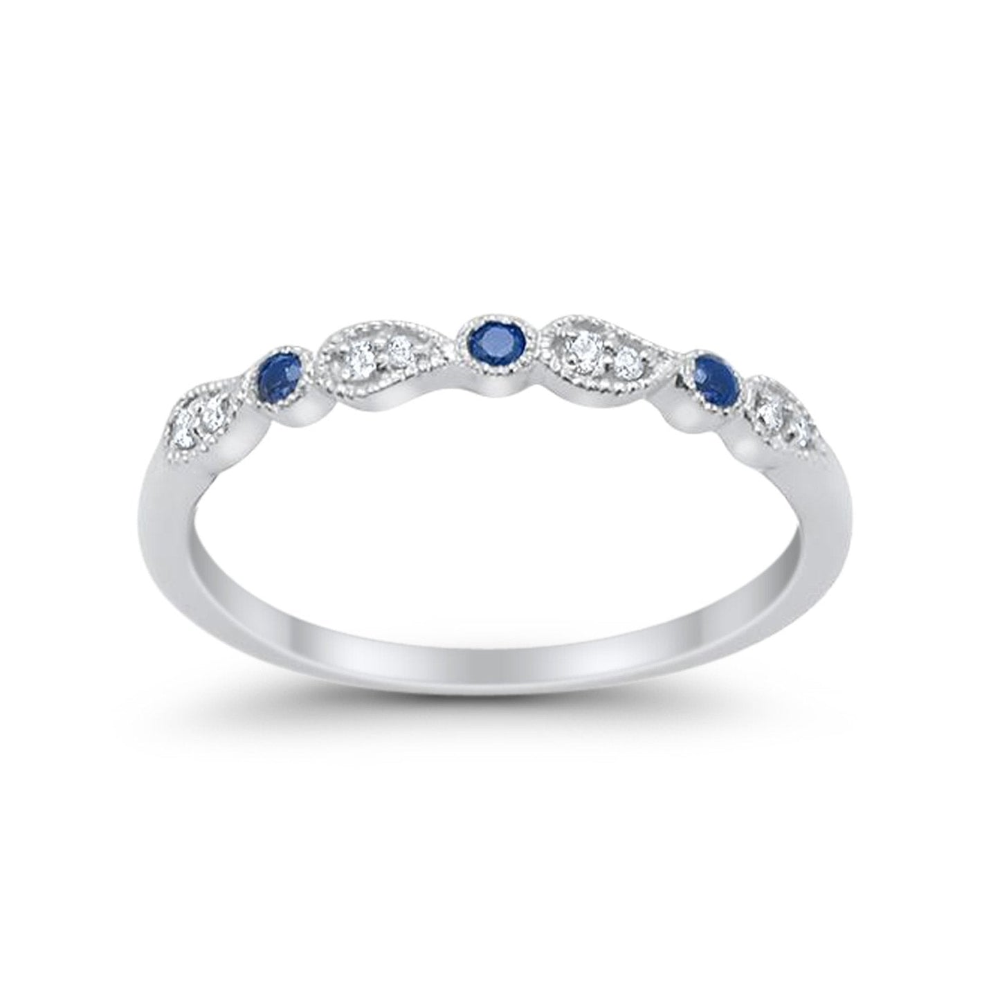 14K White Gold Blue Sapphire .12ct Diamond Eternity Wedding Stacklable Bands