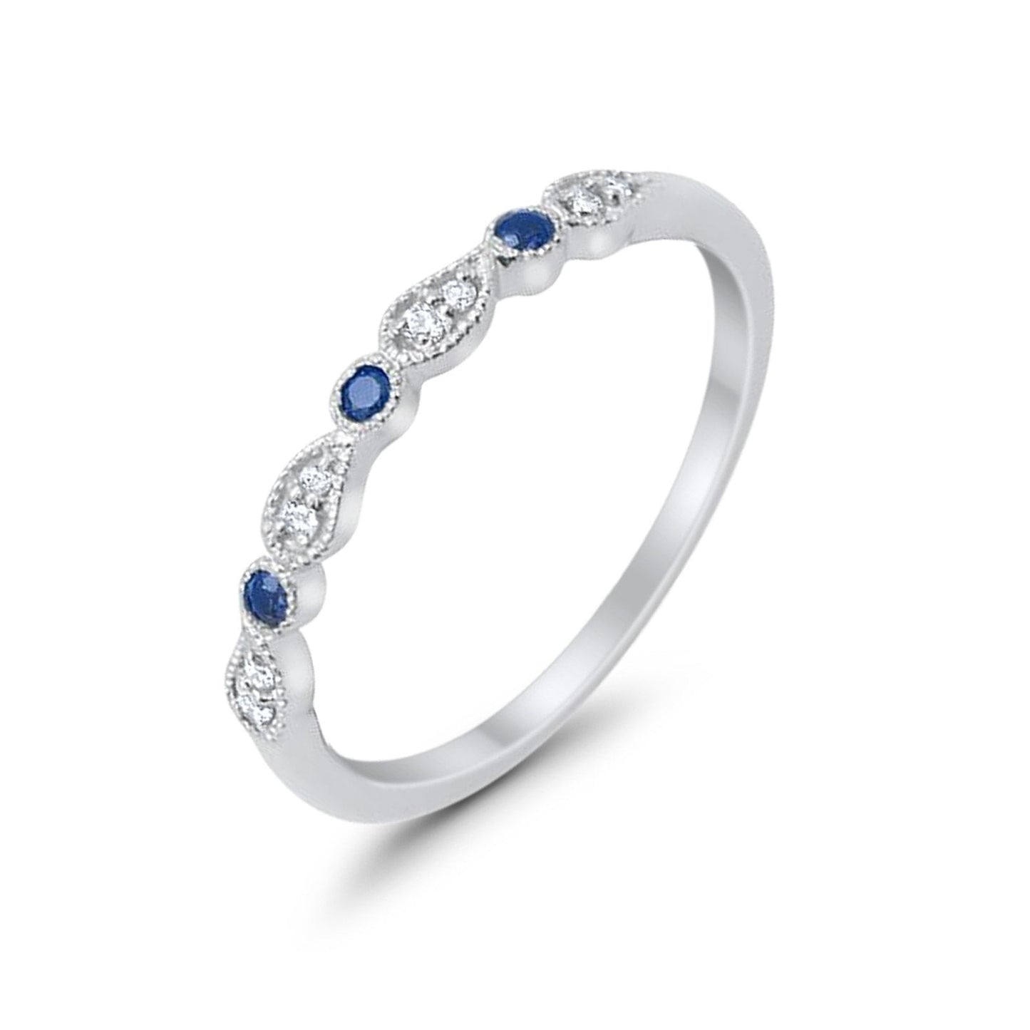 14K White Gold Blue Sapphire .12ct Diamond Eternity Wedding Stacklable Bands