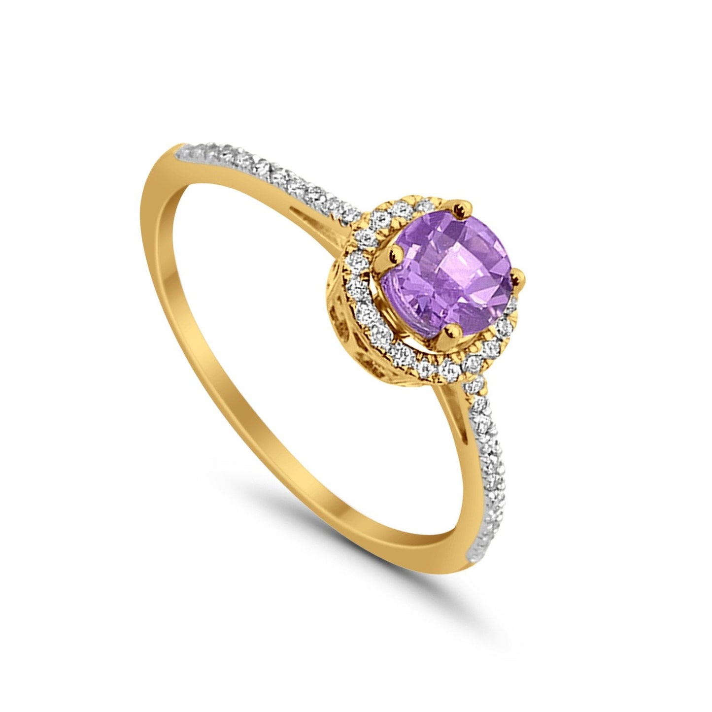 10K Yellow Gold Round 0.57cts Round Amethyst Diamond Ring Size 6.5