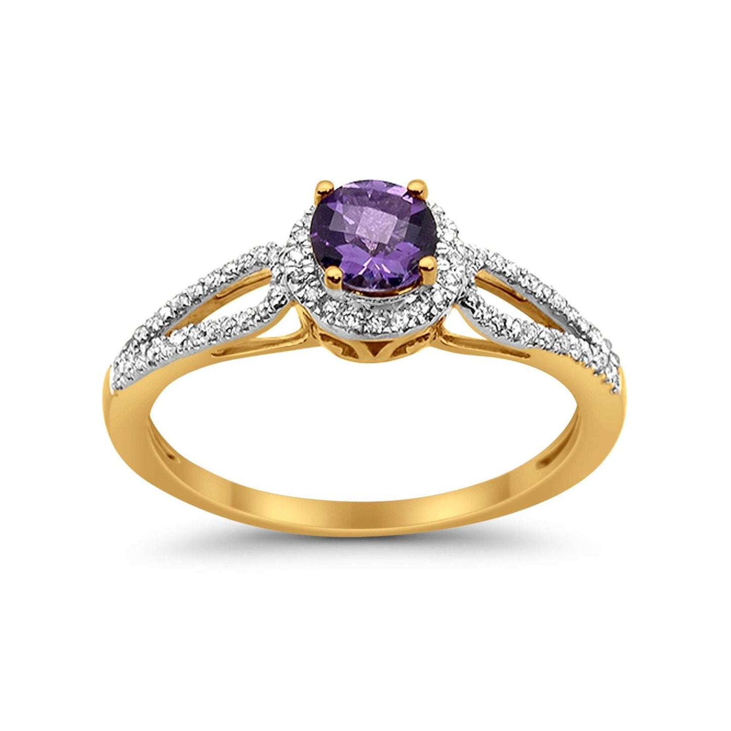 10K Yellow Gold Round Amethyst 0.54ct Diamond Ring Size 6.5