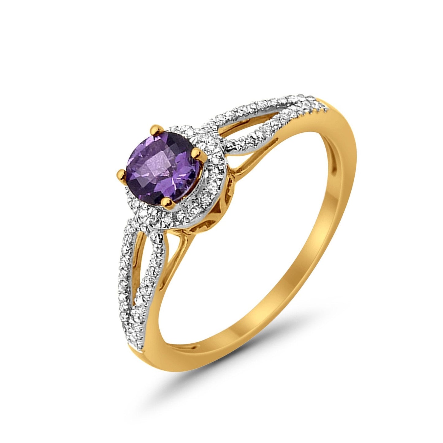 10K Yellow Gold Round Amethyst 0.54ct Diamond Ring Size 6.5