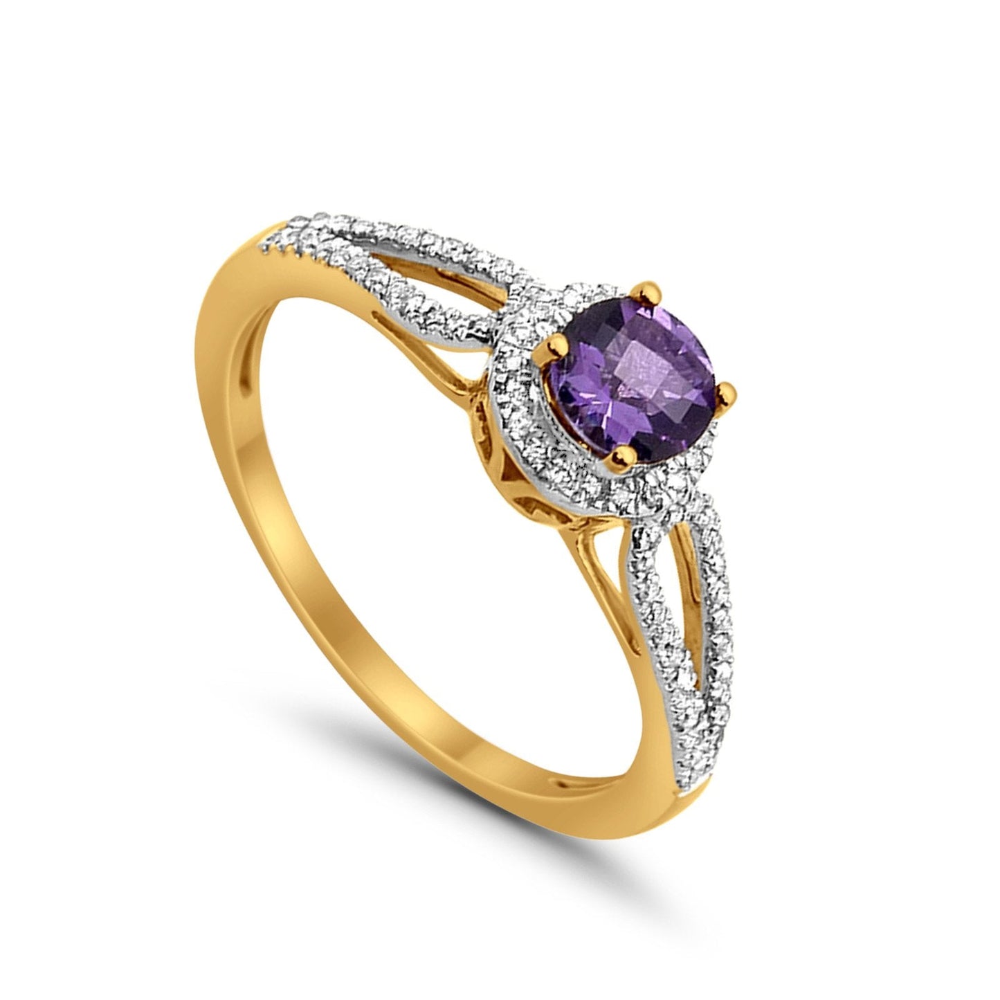 10K Yellow Gold Round Amethyst 0.54ct Diamond Ring Size 6.5