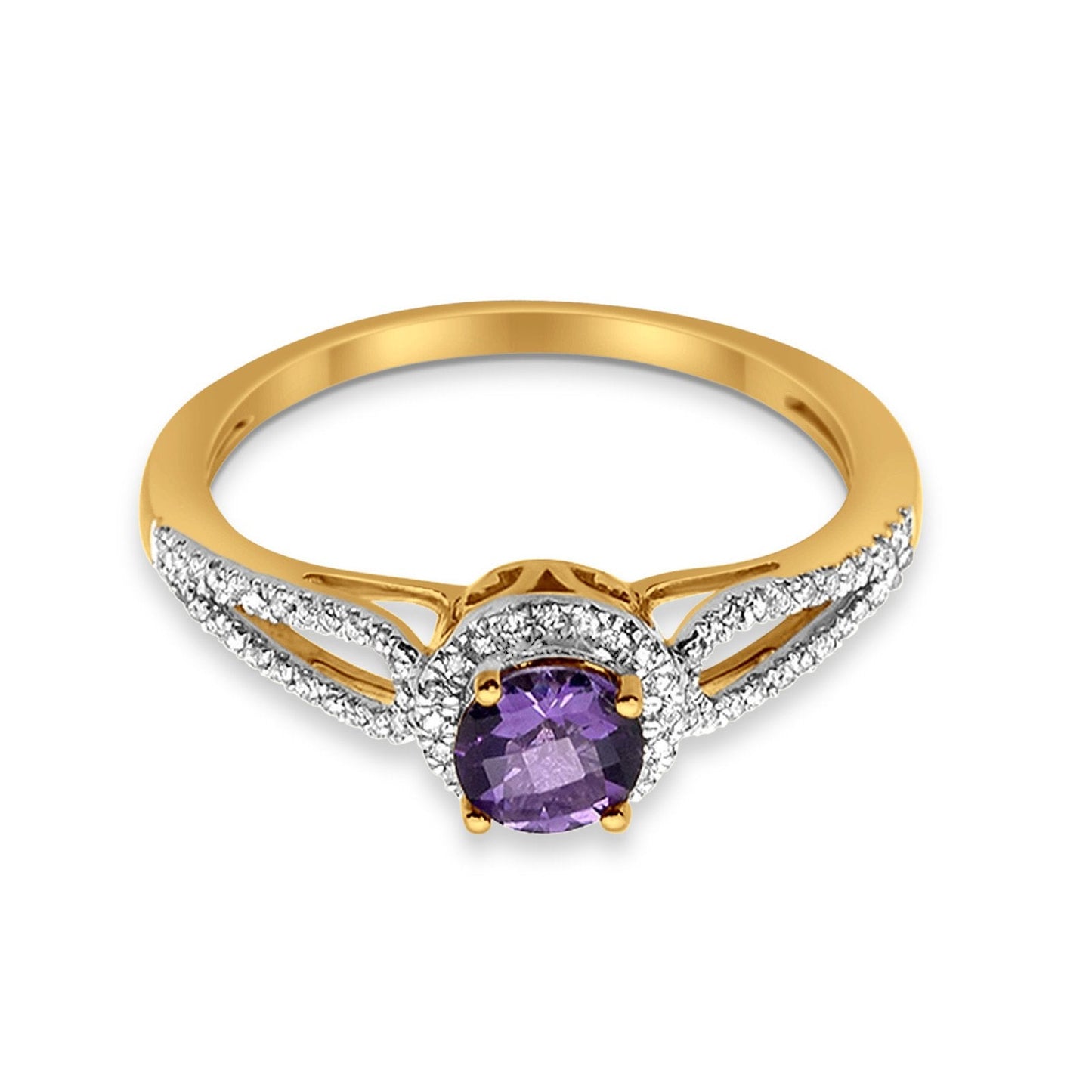 10K Yellow Gold Round Amethyst 0.54ct Diamond Ring Size 6.5