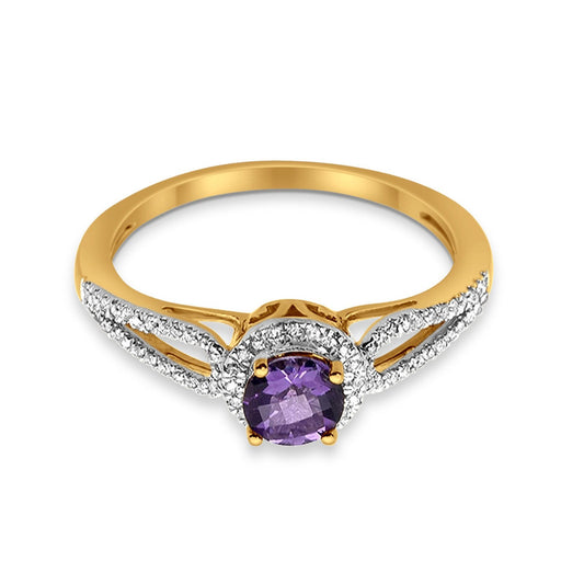 10K Yellow Gold Round Amethyst 0.54ct Diamond Ring Size 6.5