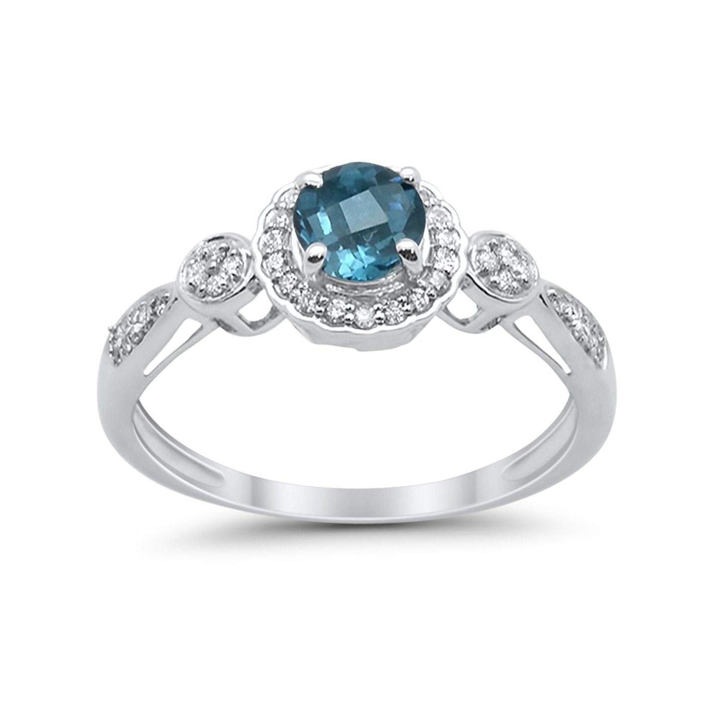 10K 0.74ct White Gold Round Blue Topaz Diamond Ring Size 6.5