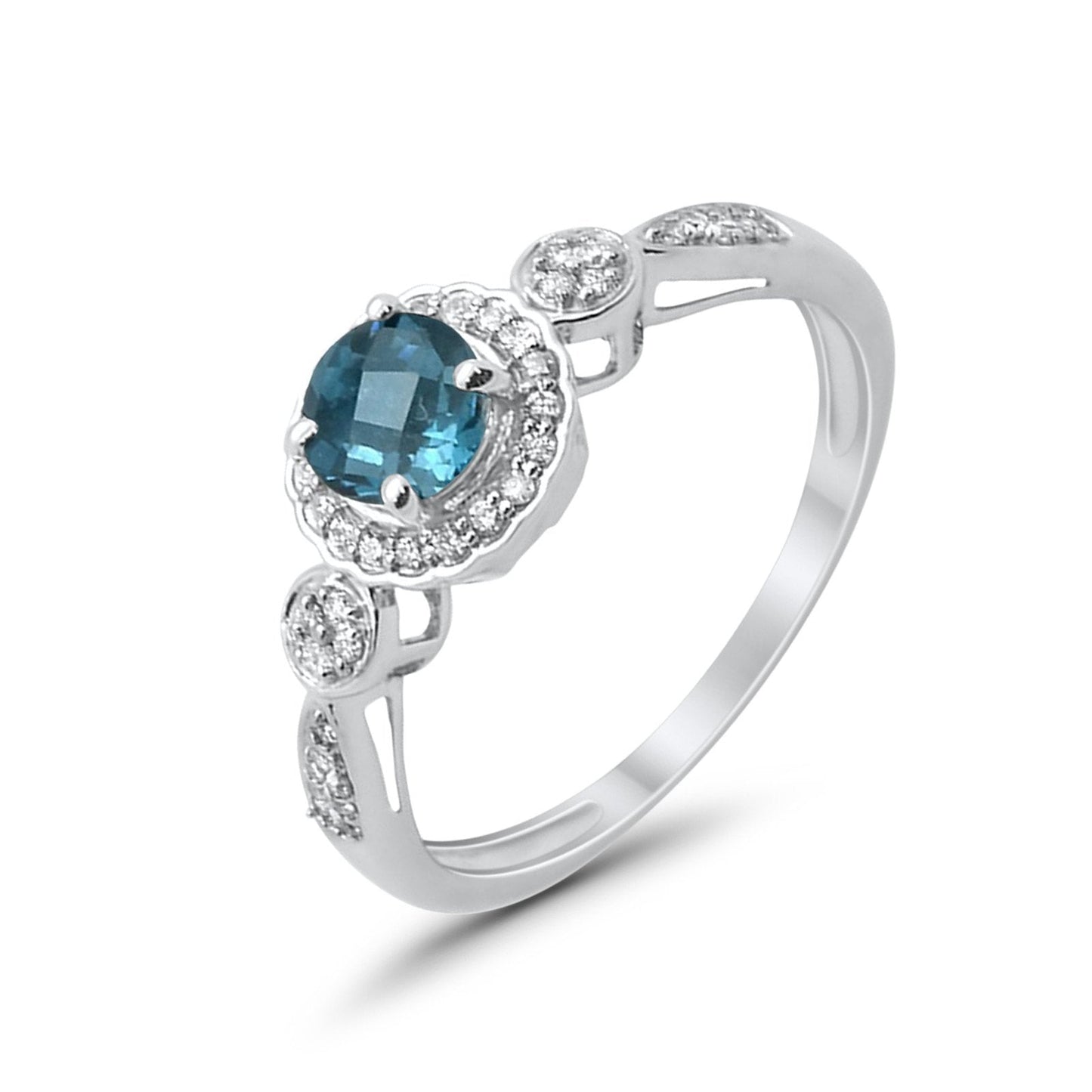 10K 0.74ct White Gold Round Blue Topaz Diamond Ring Size 6.5