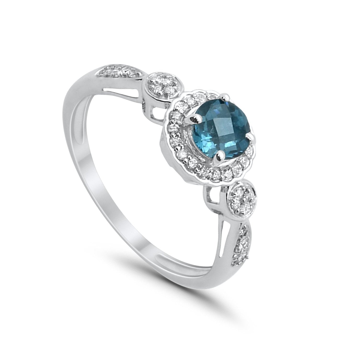 10K 0.74ct White Gold Round Blue Topaz Diamond Ring Size 6.5