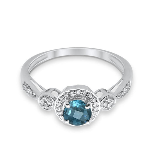 10K 0.74ct White Gold Round Blue Topaz Diamond Ring Size 6.5