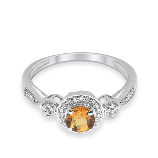 10K 0.54ct White Gold Round Citrine Diamond Ring Size 6.5