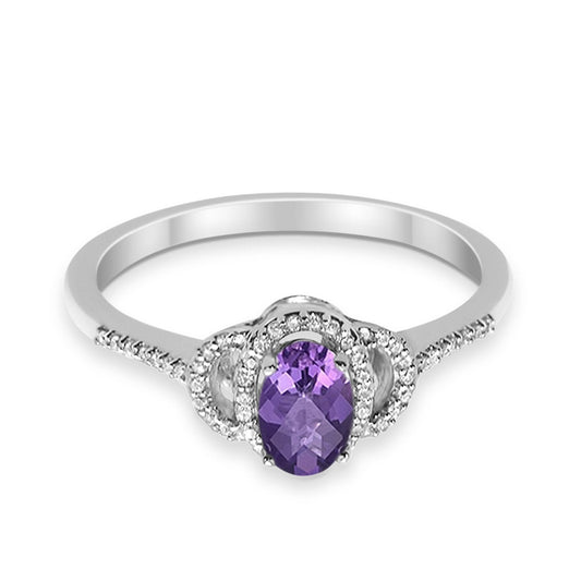 10K White Gold Oval Amethyst .54ct Diamond Ring Size 6.5