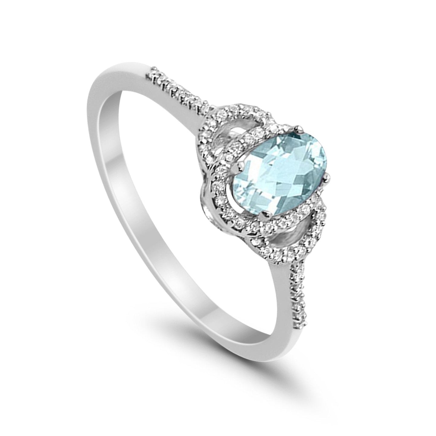 10K White Gold Oval Aquamarine .47ct Diamond Ring Size 6.5