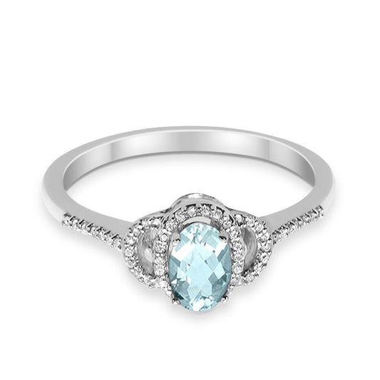 10K White Gold Oval Aquamarine .47ct Diamond Ring Size 6.5