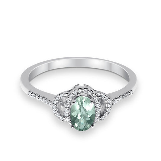 10K White Gold Oval Green Amethyst .53ct Diamond Ring Size 6.5