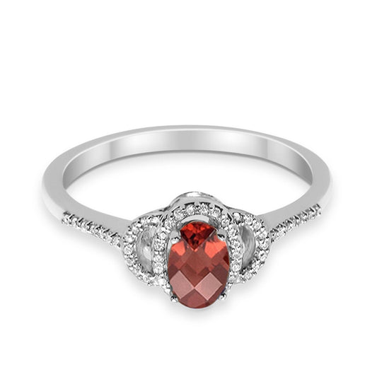 10K White Gold Oval Garnet .7ct Diamond Ring Size 6.5