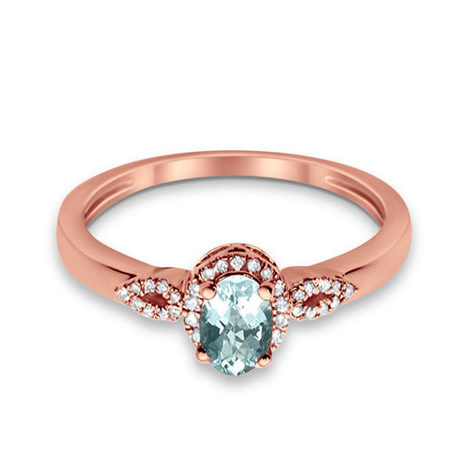 10K Oval 4x6 mm Diamond Ring .47cts Rose Gold Aquamarine Size 6.5