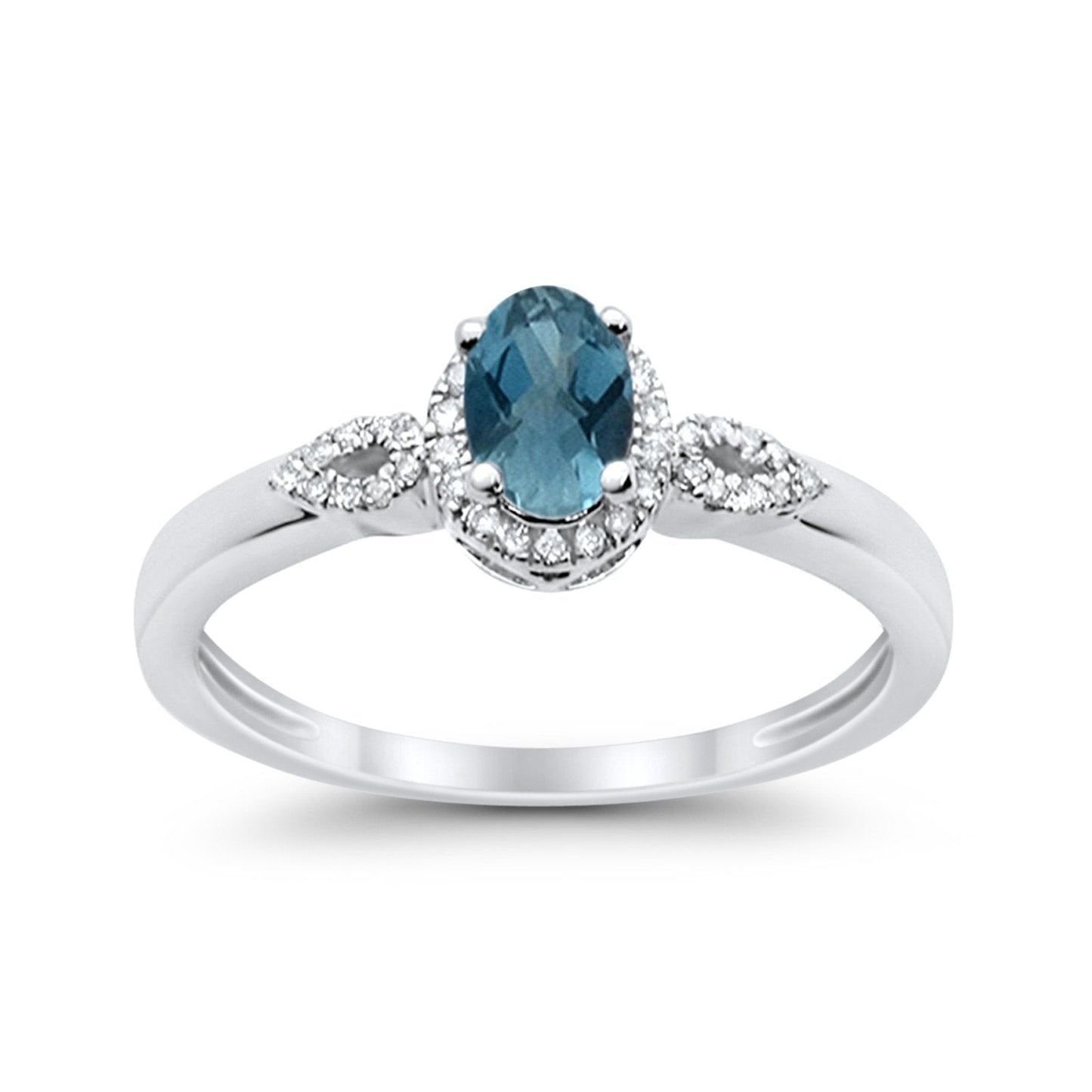 10K Oval 4x6 mm Diamond Ring .59cts White Gold Blue Topaz Size 6.5