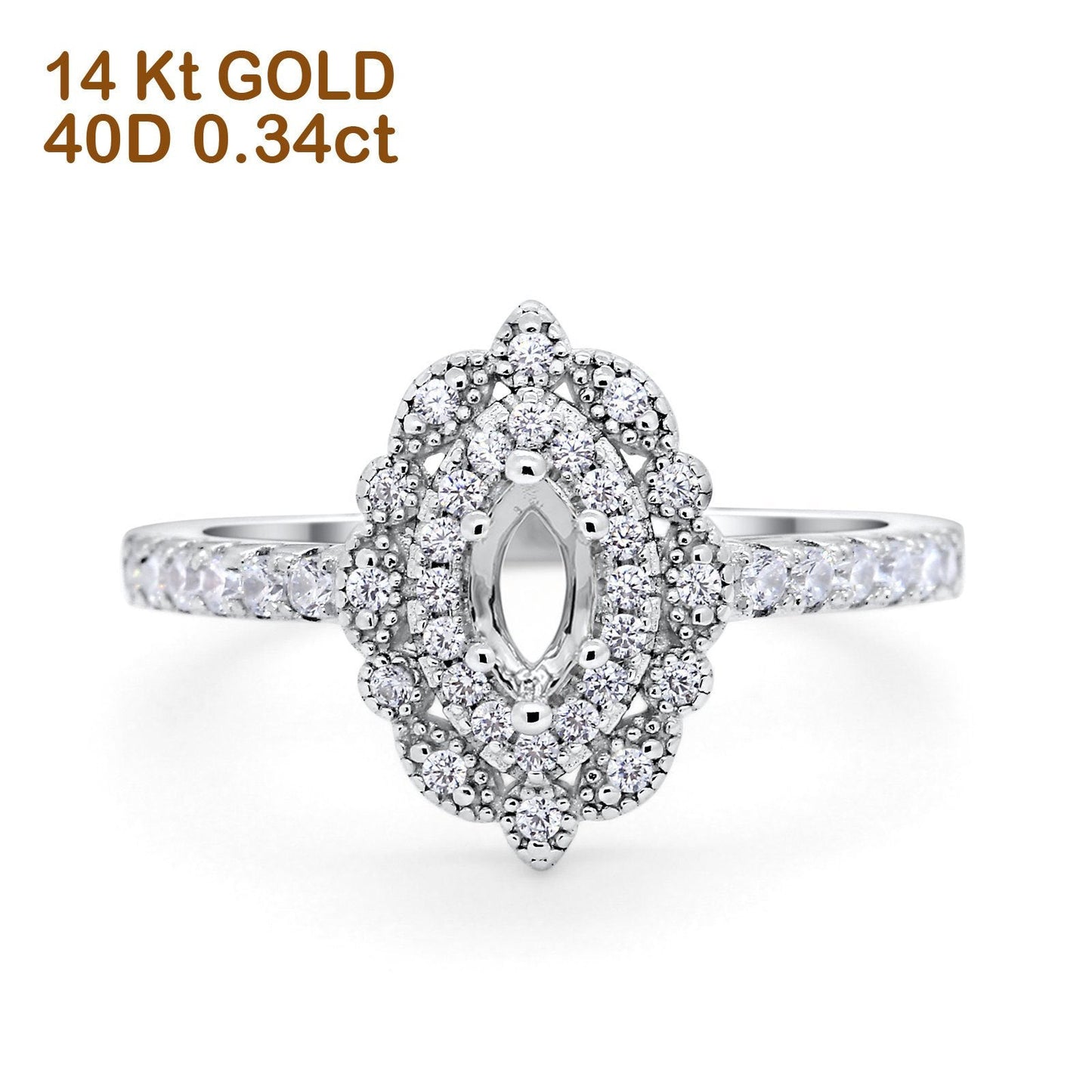 14K 0.34ct White Gold Semi Mount Diamond Engagement Ring Size 6.5