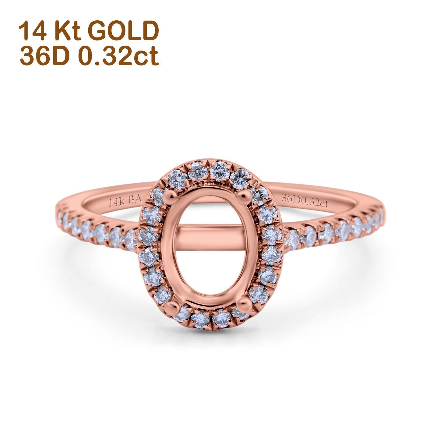 14K Rose Gold Oval Semi Mount 0.32ct Diamond Engagement Ring Size 6.5