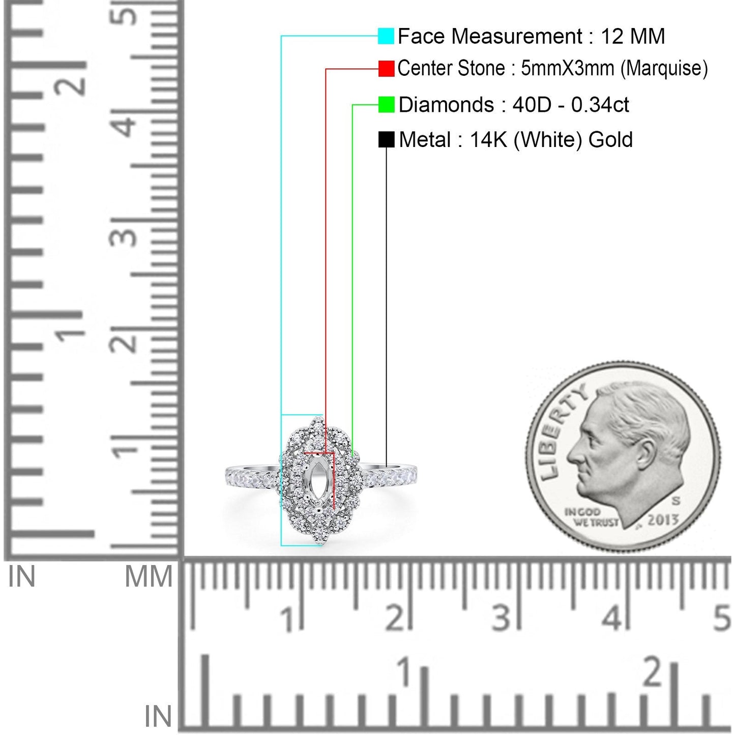 14K 0.34ct White Gold Semi Mount Diamond Engagement Ring Size 6.5